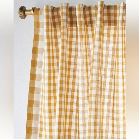 Gingham Checkered Curtain in Honey Set of Two - Picture 3 of 5